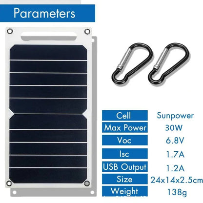 30W Solar Panel With USB Waterproof Outdoor Hiking And Camping Portable Battery Mobile Phone Charging Bank Charging Panel 6.8V