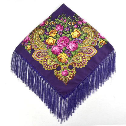 Women Luxury Floral Printed Russian Scarf Ukrainian Fringed Square Scarves Babushka Handkerchief Head Wraps Travel Shawl