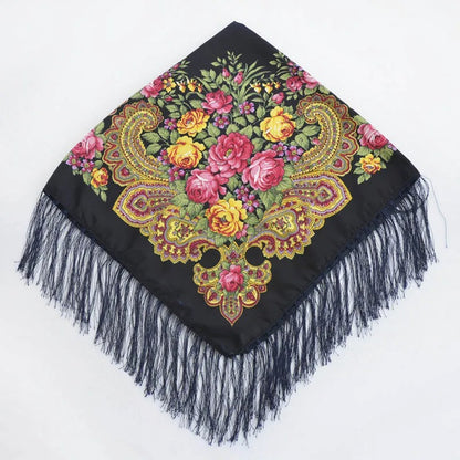 Women Luxury Floral Printed Russian Scarf Ukrainian Fringed Square Scarves Babushka Handkerchief Head Wraps Travel Shawl