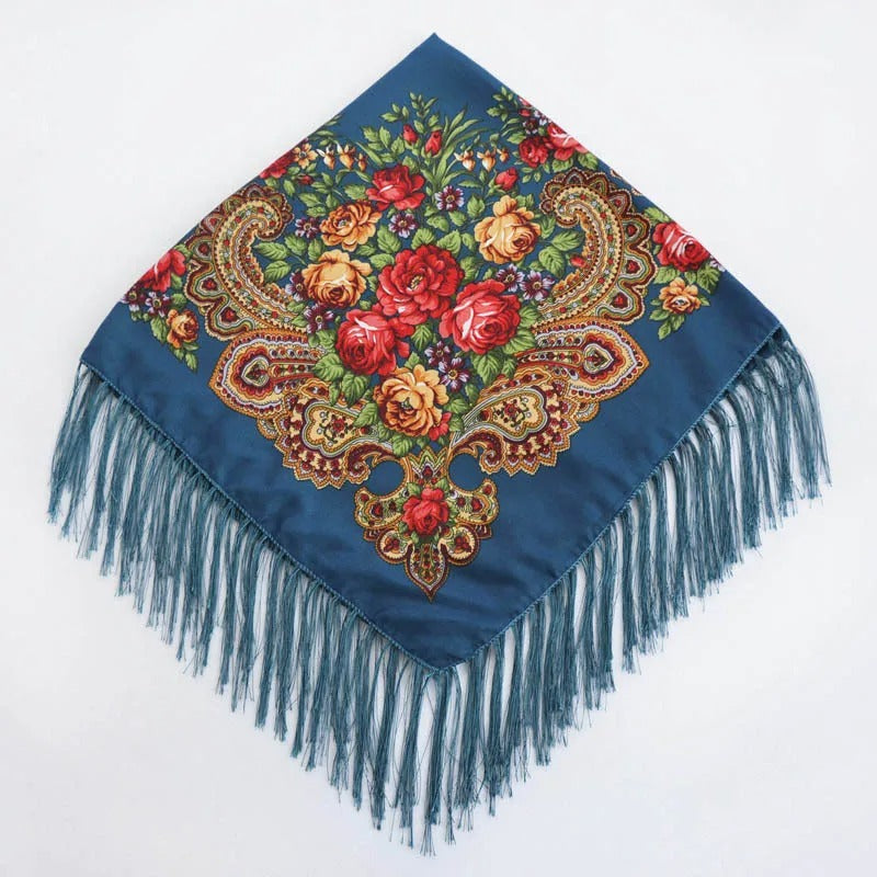 Women Luxury Floral Printed Russian Scarf Ukrainian Fringed Square Scarves Babushka Handkerchief Head Wraps Travel Shawl