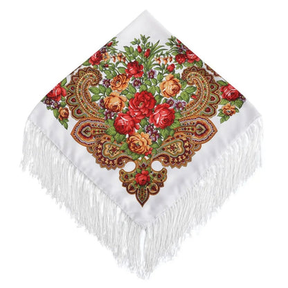 Women Luxury Floral Printed Russian Scarf Ukrainian Fringed Square Scarves Babushka Handkerchief Head Wraps Travel Shawl