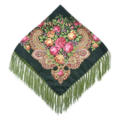 Women Luxury Floral Printed Russian Scarf Ukrainian Fringed Square Scarves Babushka Handkerchief Head Wraps Travel Shawl