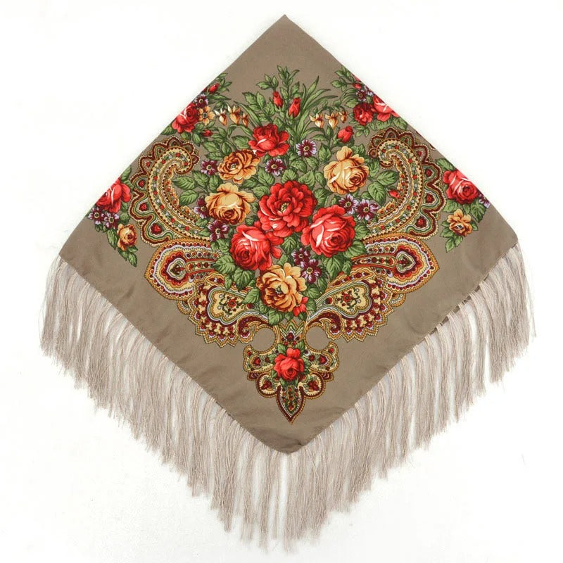 Women Luxury Floral Printed Russian Scarf Ukrainian Fringed Square Scarves Babushka Handkerchief Head Wraps Travel Shawl