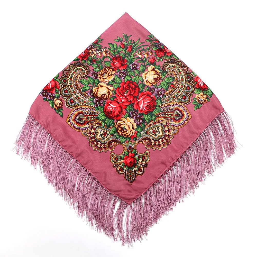 Women Luxury Floral Printed Russian Scarf Ukrainian Fringed Square Scarves Babushka Handkerchief Head Wraps Travel Shawl