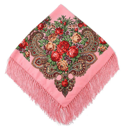 Women Luxury Floral Printed Russian Scarf Ukrainian Fringed Square Scarves Babushka Handkerchief Head Wraps Travel Shawl