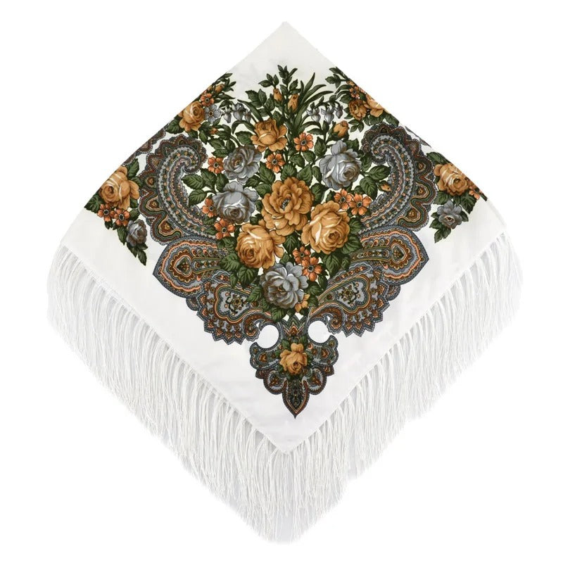 Women Luxury Floral Printed Russian Scarf Ukrainian Fringed Square Scarves Babushka Handkerchief Head Wraps Travel Shawl