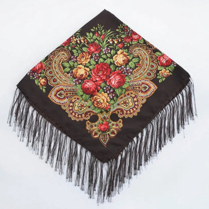 Women Luxury Floral Printed Russian Scarf Ukrainian Fringed Square Scarves Babushka Handkerchief Head Wraps Travel Shawl