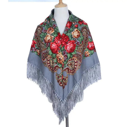 Women Luxury Floral Printed Russian Scarf Ukrainian Fringed Square Scarves Babushka Handkerchief Head Wraps Travel Shawl