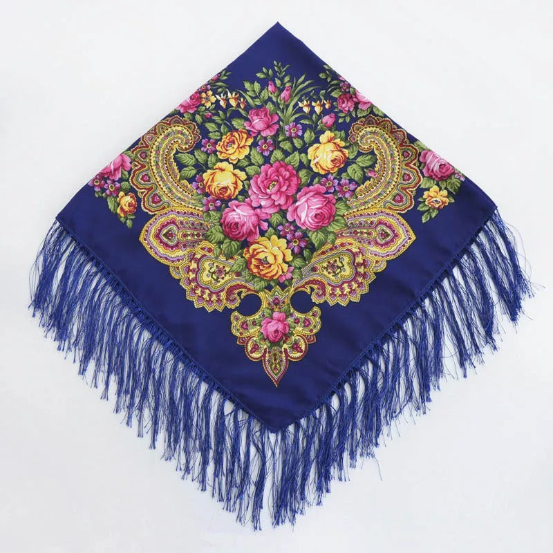 Women Luxury Floral Printed Russian Scarf Ukrainian Fringed Square Scarves Babushka Handkerchief Head Wraps Travel Shawl