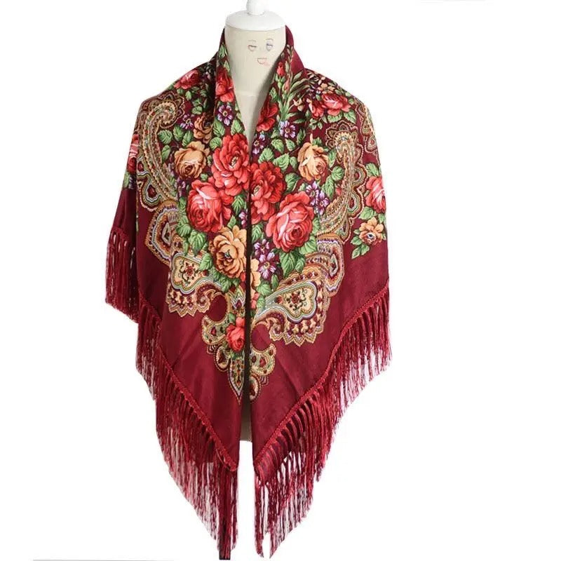 Women Luxury Floral Printed Russian Scarf Ukrainian Fringed Square Scarves Babushka Handkerchief Head Wraps Travel Shawl