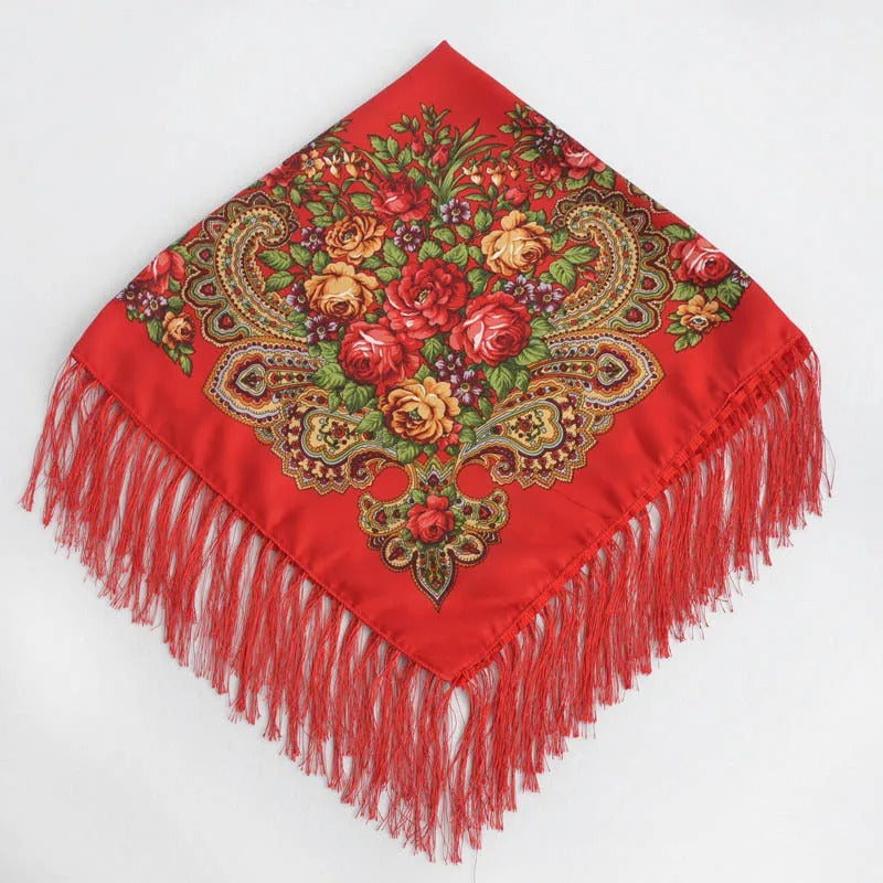 Women Luxury Floral Printed Russian Scarf Ukrainian Fringed Square Scarves Babushka Handkerchief Head Wraps Travel Shawl