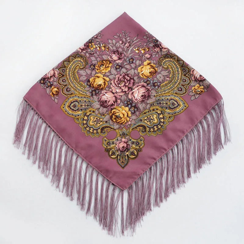 Women Luxury Floral Printed Russian Scarf Ukrainian Fringed Square Scarves Babushka Handkerchief Head Wraps Travel Shawl