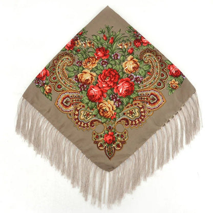 Women Luxury Floral Printed Russian Scarf Ukrainian Fringed Square Scarves Babushka Handkerchief Head Wraps Travel Shawl