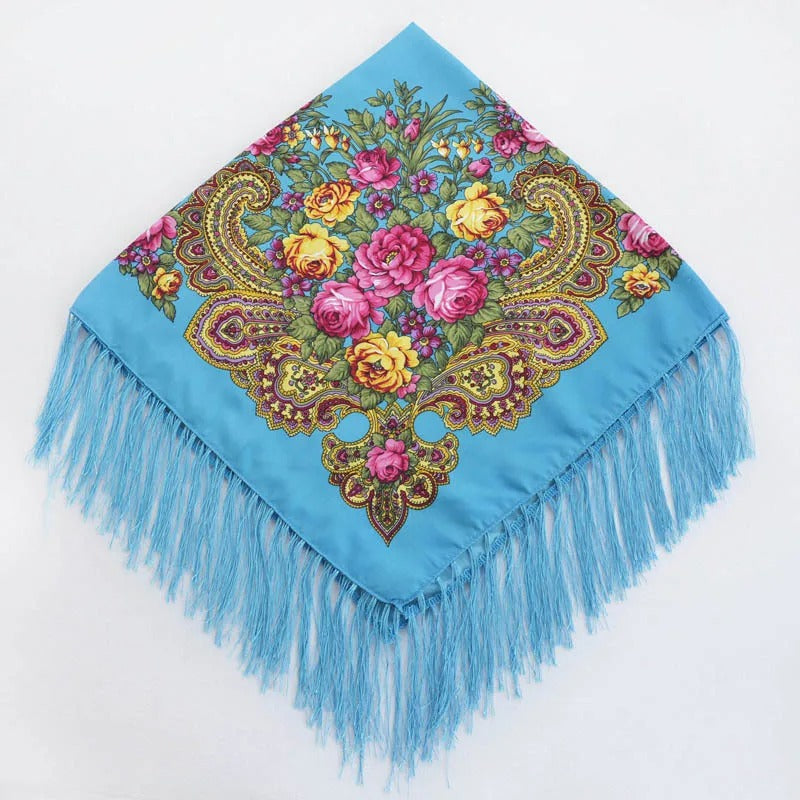 Women Luxury Floral Printed Russian Scarf Ukrainian Fringed Square Scarves Babushka Handkerchief Head Wraps Travel Shawl