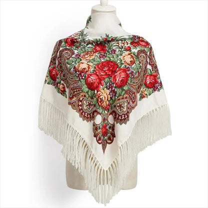 Women Luxury Floral Printed Russian Scarf Ukrainian Fringed Square Scarves Babushka Handkerchief Head Wraps Travel Shawl