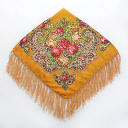 Women Luxury Floral Printed Russian Scarf Ukrainian Fringed Square Scarves Babushka Handkerchief Head Wraps Travel Shawl